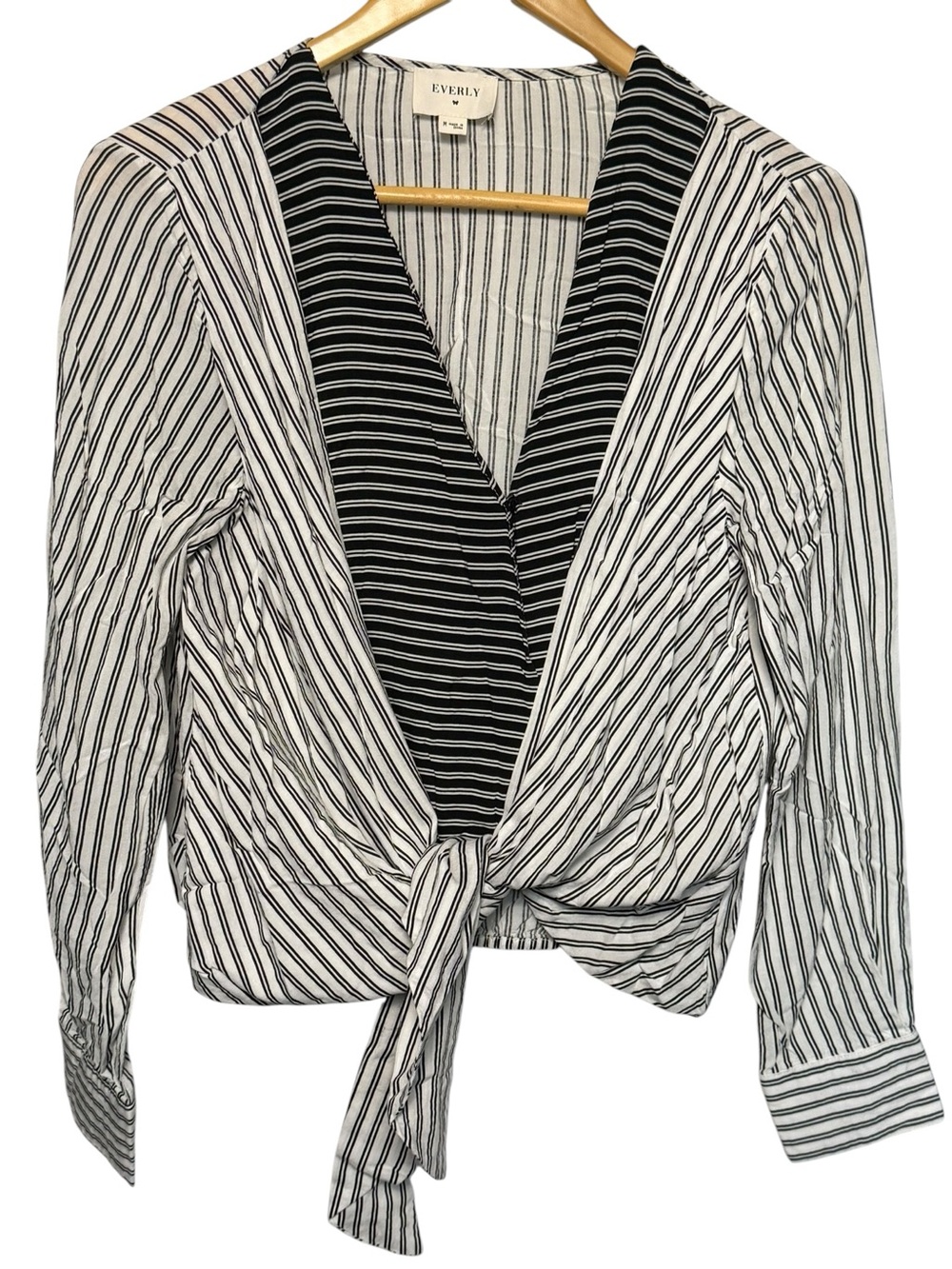 Everly long sleeve wrap top black white striped pattern tie front detail MEDIUM